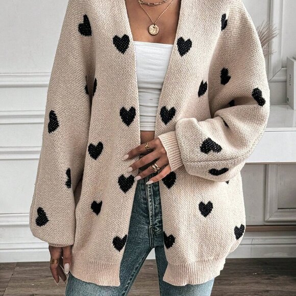 Multicolor Casual Women's V-Neck Heart Print Knitted Cardigan - Picture 4 of 6